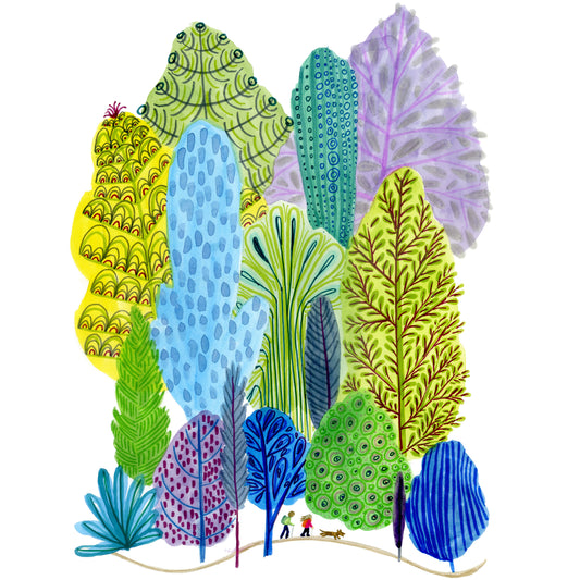 Blue-Green Trees with Hikers - Signed and Numbered Limited Edition Print.