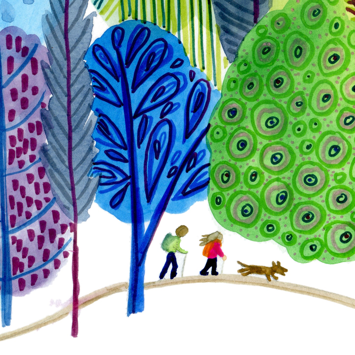 Blue-Green Trees with Hikers - Signed and Numbered Limited Edition Print.