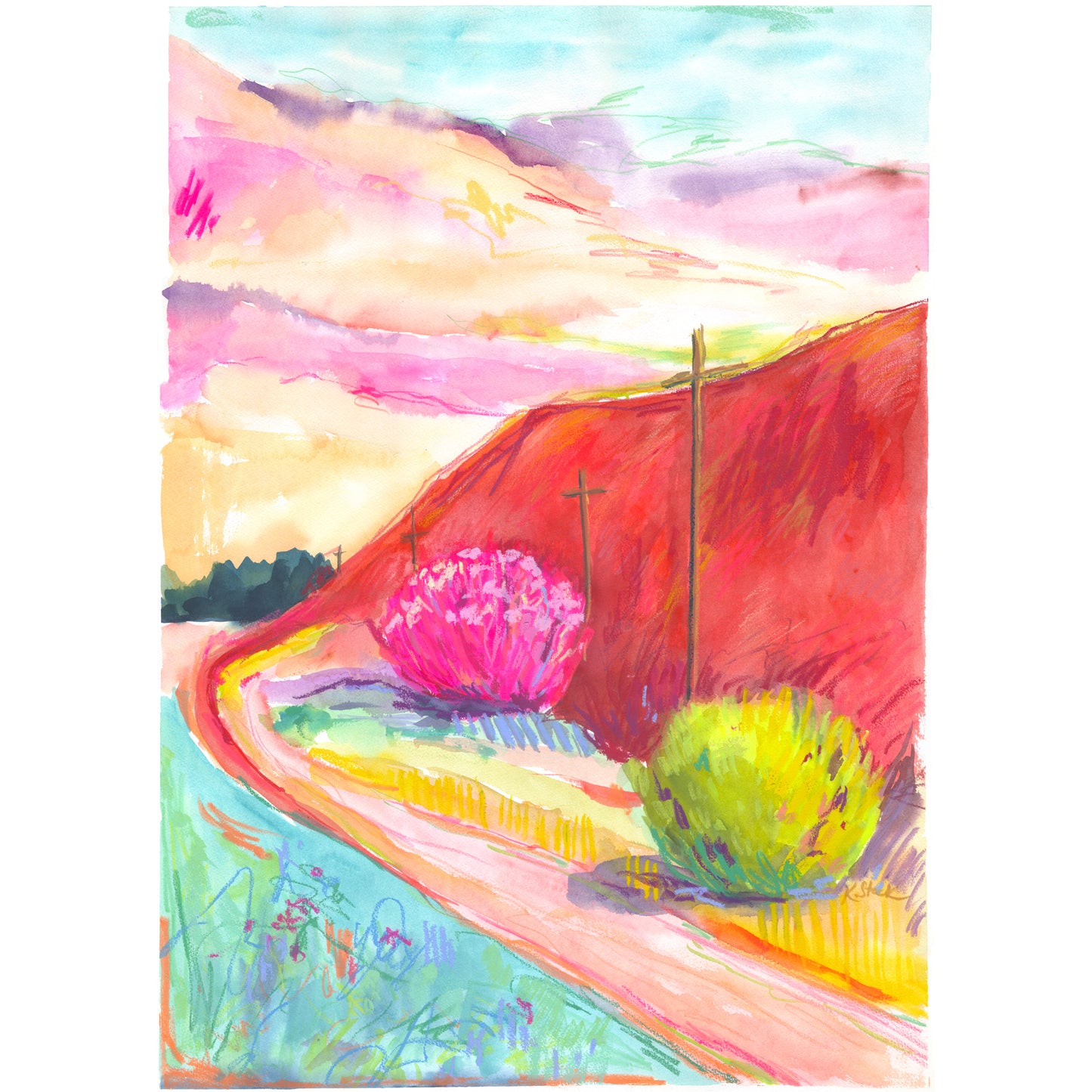 "Red Bend" Original Watercolor Painting - Framed