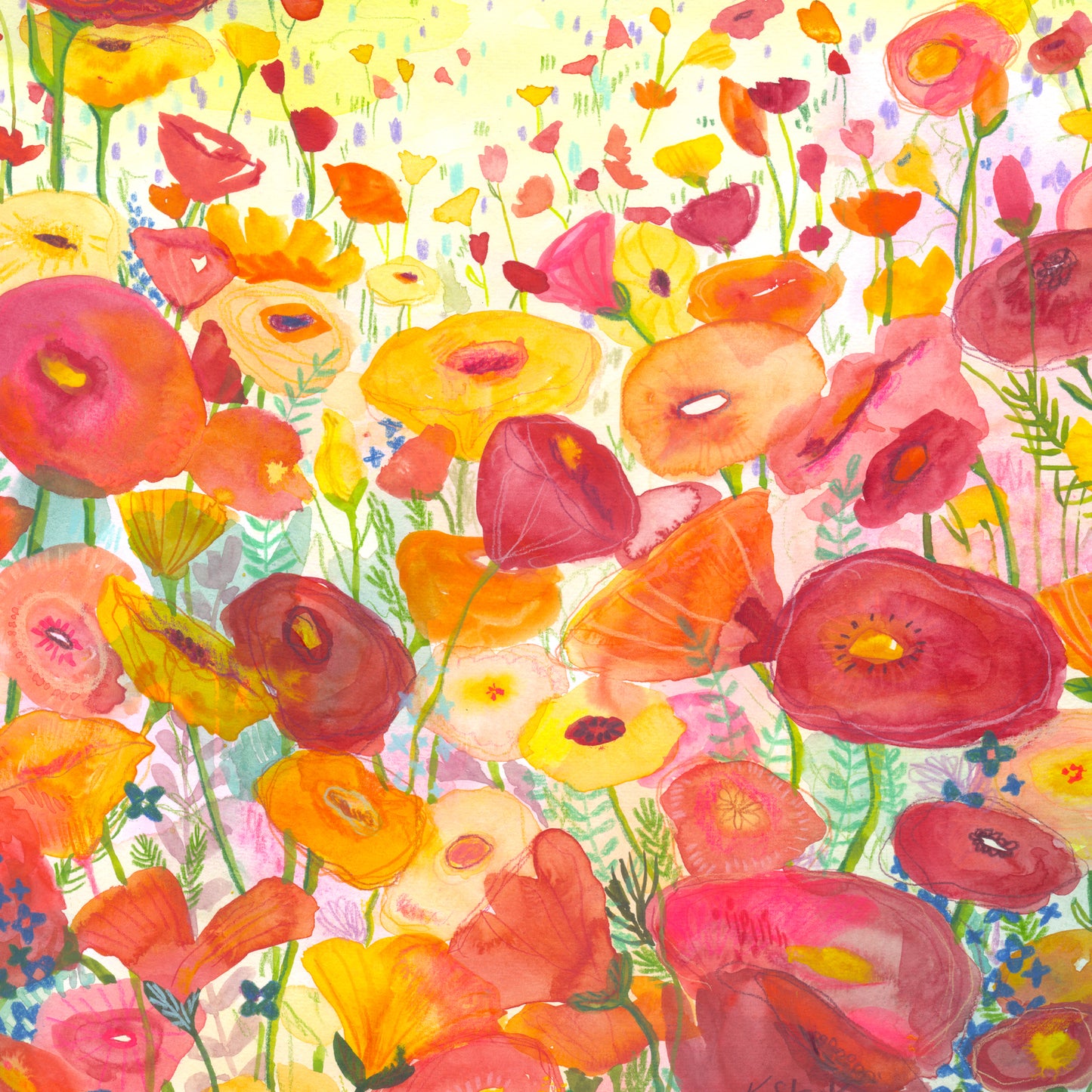 "Poppy Day" Original Watercolor Painting - Framed