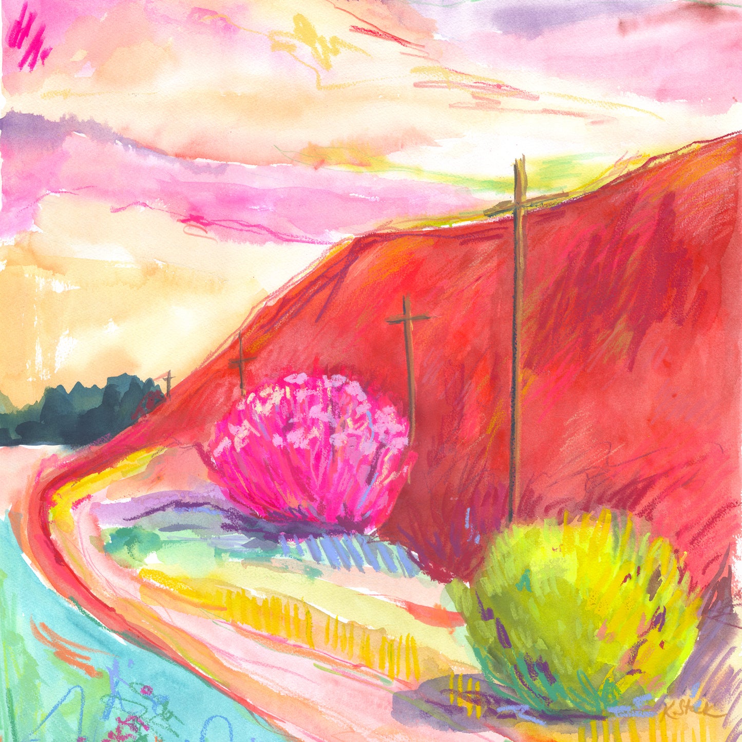 "Red Bend" Original Watercolor Painting - Framed