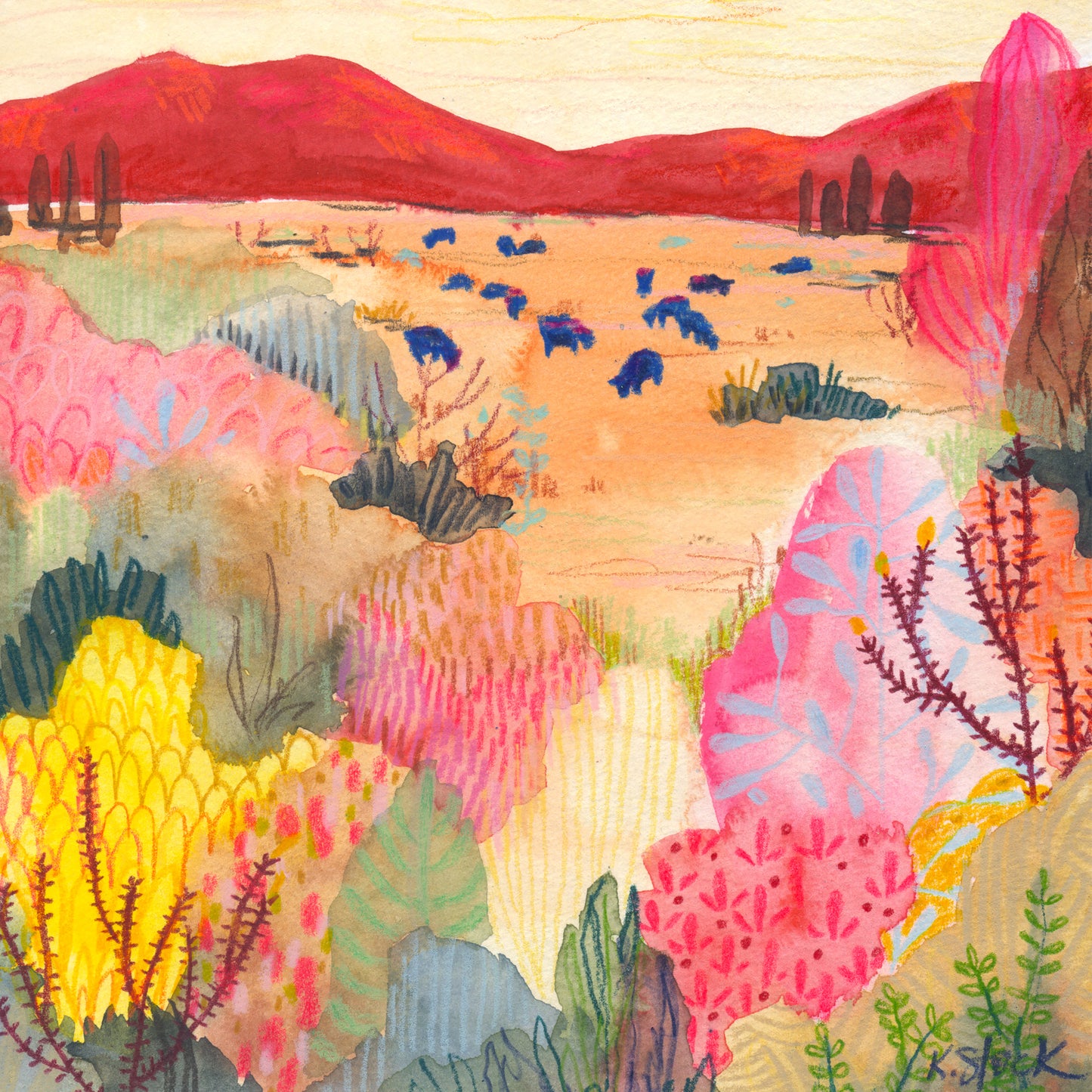 Pink Desert Grazing- Signed and Numbered Limited Edition Giclee Prints