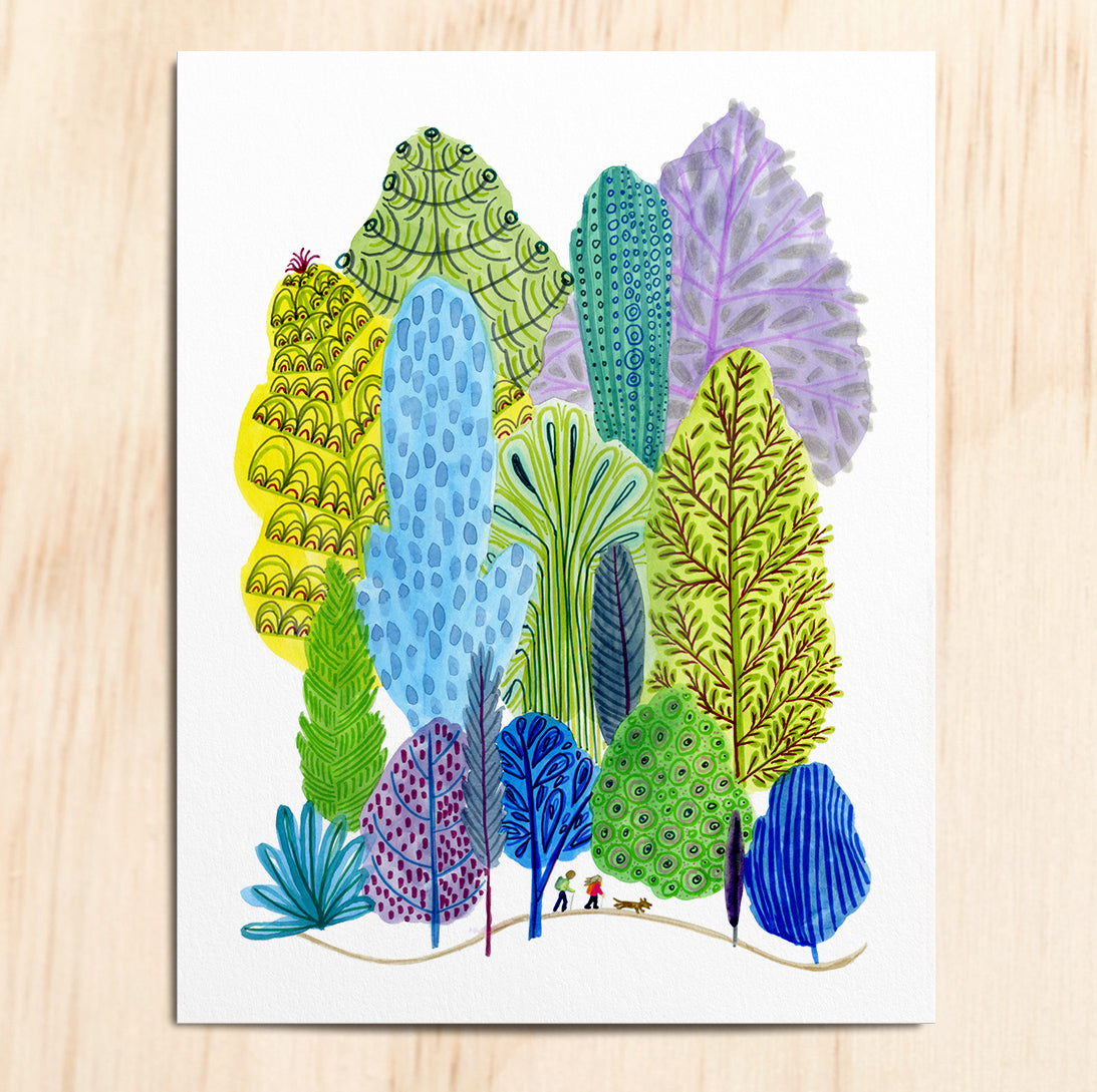 Blue-Green Trees with Hikers - Signed and Numbered Limited Edition Print.